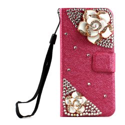 iPhone 5 5S Crystal Flip Leather Wallet Case with Stand Strap (Double Flower Pink)